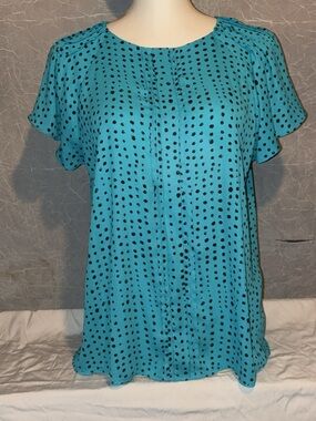 Worthington Petite Teal Dot Flutter Sleeve Blouse PL